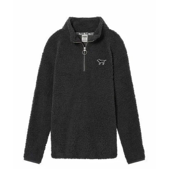 Victoria’s Secret PINK Small Black 1/4 Zip Pullover Sherpa Fleece Dog Logo NWT - Picture 4 of 4